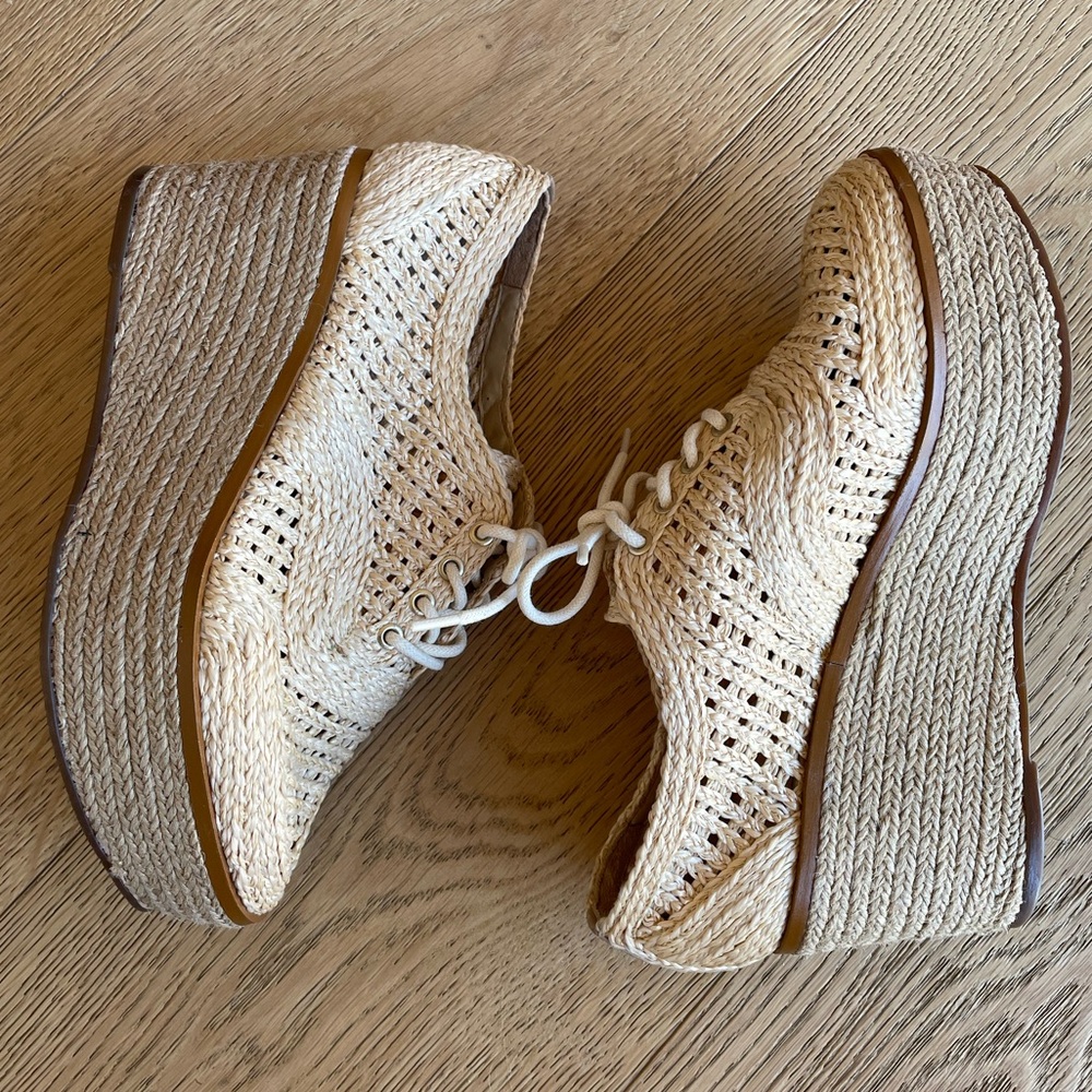 Schutz Jules Straw Platform Woven Oxfords Espadrille Wedges Lace Up 7.5